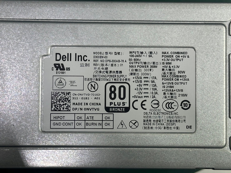 Dell 300W PSU 80 Plus | Inspiron Desktop Power Supply | Genuine P/N 0NVTVG Model: D300EM-00