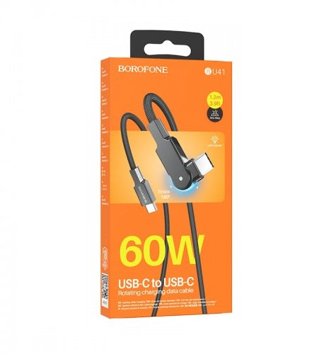 Borofone Type C to Type-C PD 60W Rotating Charging & Data Cable - 1.2m, Black