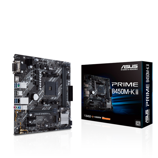 ASUS PRIME B450M-K II (Ryzen AM4) micro ATX motherboard with M.2 support, HDMI/DVI-D/D-Sub, SATA 6 Gbps, 1 Gb Ethernet, USB 3.2 Gen 1 Type-A, BIOS FlashBack™