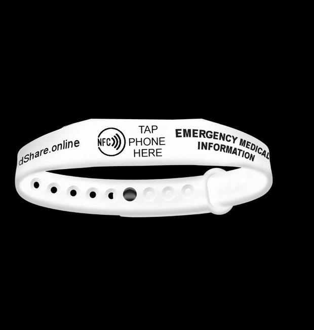 Smart NFC Emergency Medical Information Wristband ID with passive geolocation tracking system (White)