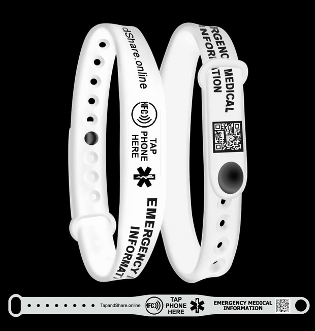 Smart NFC Emergency Medical Information Wristband ID with passive geolocation tracking system (White)