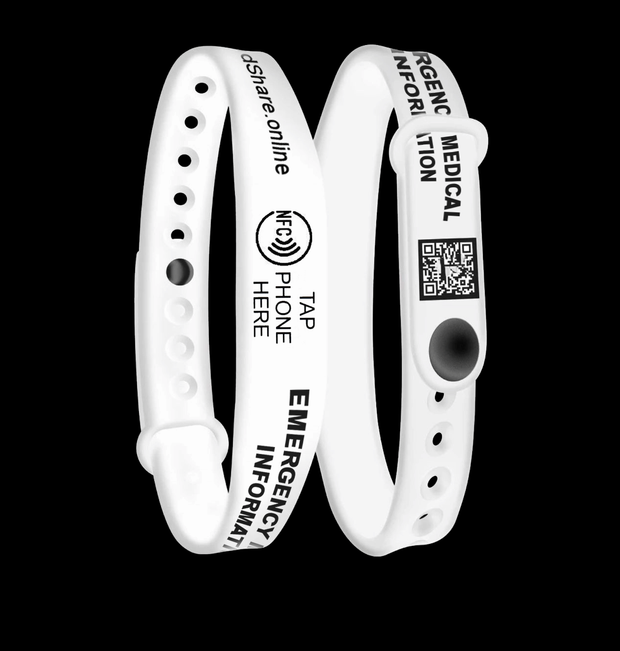 Smart NFC Emergency Medical Information Wristband ID with passive geolocation tracking system (White)