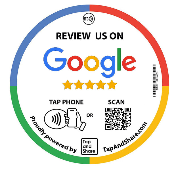 Tap and Share Contactless Sharing Smart NFC 'Review Us on Google' 10cm Adhesive Epoxy Sticker + QR code