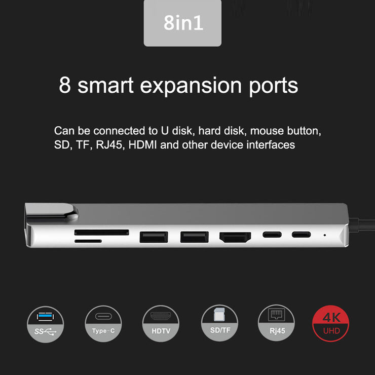 Dark Player Executive USB C Docking Station Hub 8-IN-1 Type C 3.1 | 4K HDMI Adapter | RJ45 | SD/TF Card Reader | PD Fast Charge port