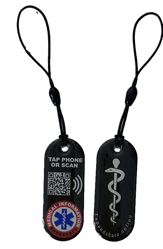 Smart NFC Emergency Medical Information Keyring Tag with passive geolocation tracking system