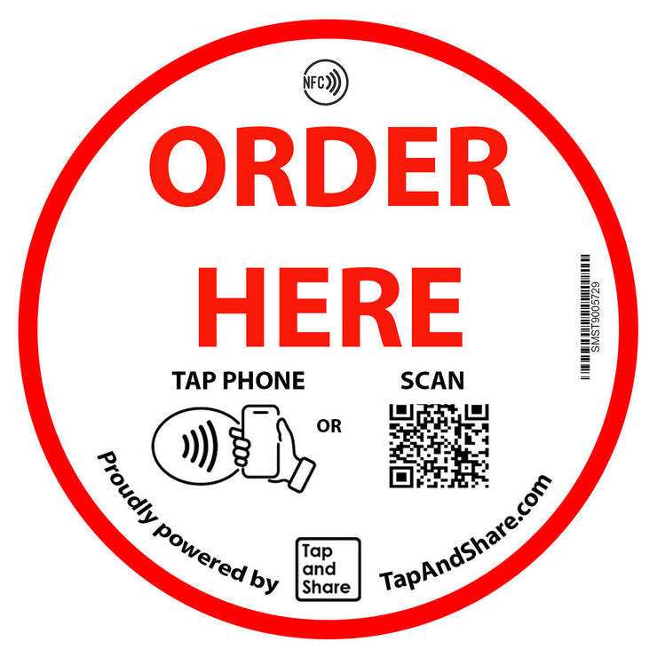 Tap and Share Contactless Sharing Smart NFC 'Order Here' 10cm Adhesive Sticker + QR code