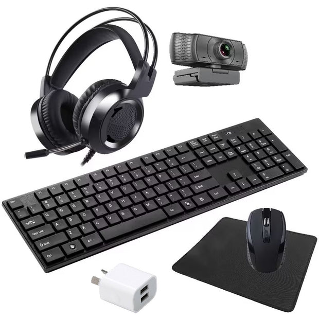 6-in-1 Home Office Multimedia Combo Set Black - Wireless Keyboard & Mouse |  Headset | Webcam | Mouse Pad | Dual USB wall Charger