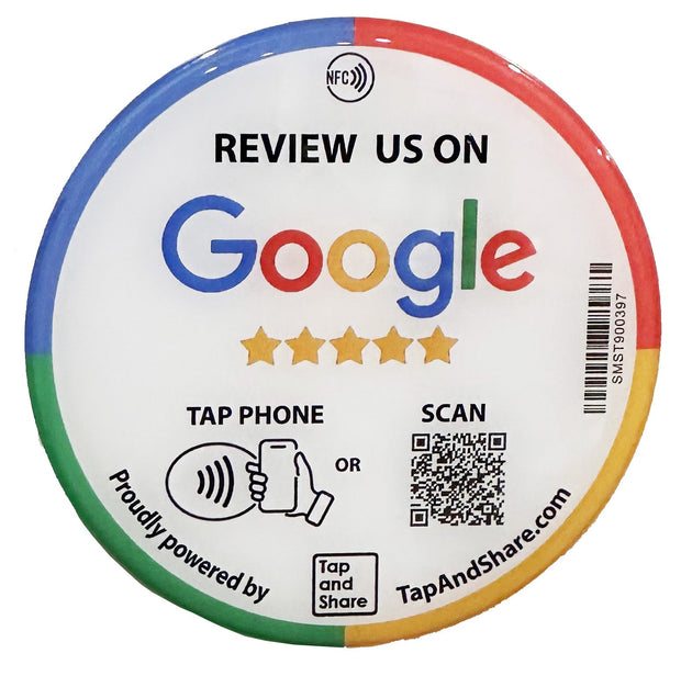 Tap and Share Contactless Sharing Smart NFC 'Review Us on Google' 10cm Adhesive Epoxy Sticker + QR code