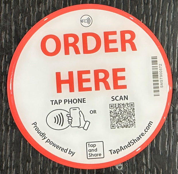 Tap and Share Contactless Sharing Smart NFC 'Order Here' 10cm Adhesive Sticker + QR code