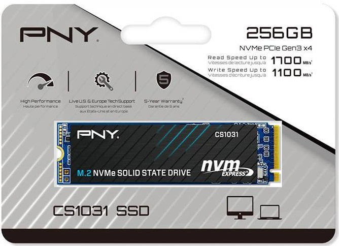 PNY CS1031 256GB NVMe SSD Gen3x4 M.2 1700MB/s 1500MB/s R/W 150TBW 2M hrs MTBF 5yrs wty